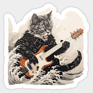 Cat guitar Kanagawa Wave Sticker